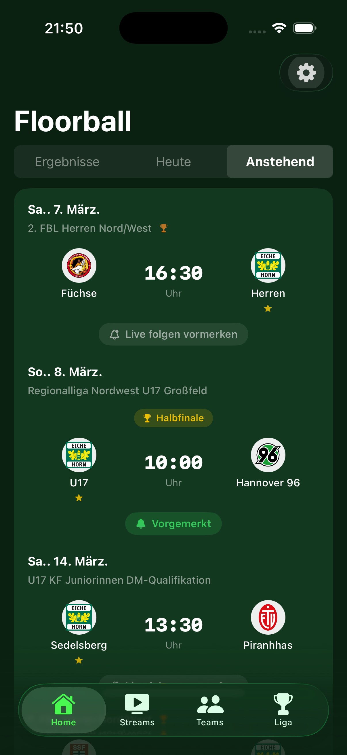 Floorball Dashboard – Hauptansicht